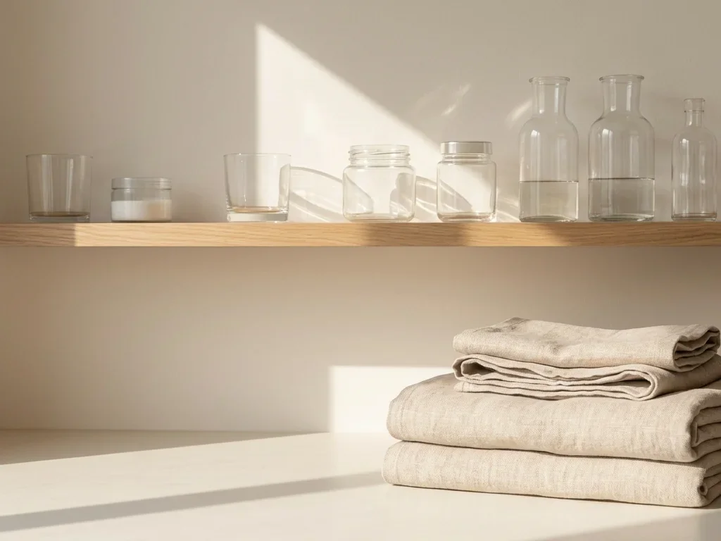 A clean bathroom counter with a rolled white towel and a glass jar of cotton swabs in soft window light
